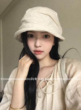 苎麻褶皱渔夫帽*新款百搭显脸小春夏日系褶皱遮阳渔夫帽女款