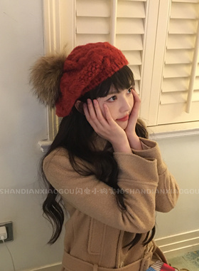 红色冬季战神*贝雷帽毛球麻花针织毛线帽子女秋冬过年红色画家帽