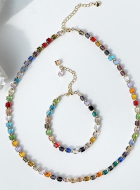 彩色方糖水晶少女项链锁骨链