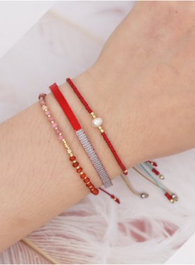 中国红编织珍珠几何形甜美风手链