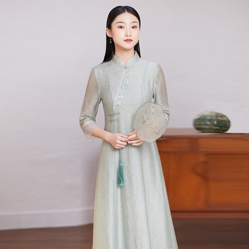茶服女夏茶艺师服装中式改良旗袍仙中国风汉服文艺禅意女装连衣裙