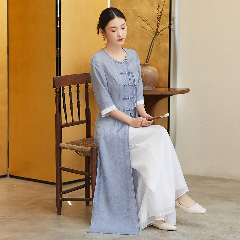 新中式国风茶服仙气蓝色盘扣套装裙2025新款夏季