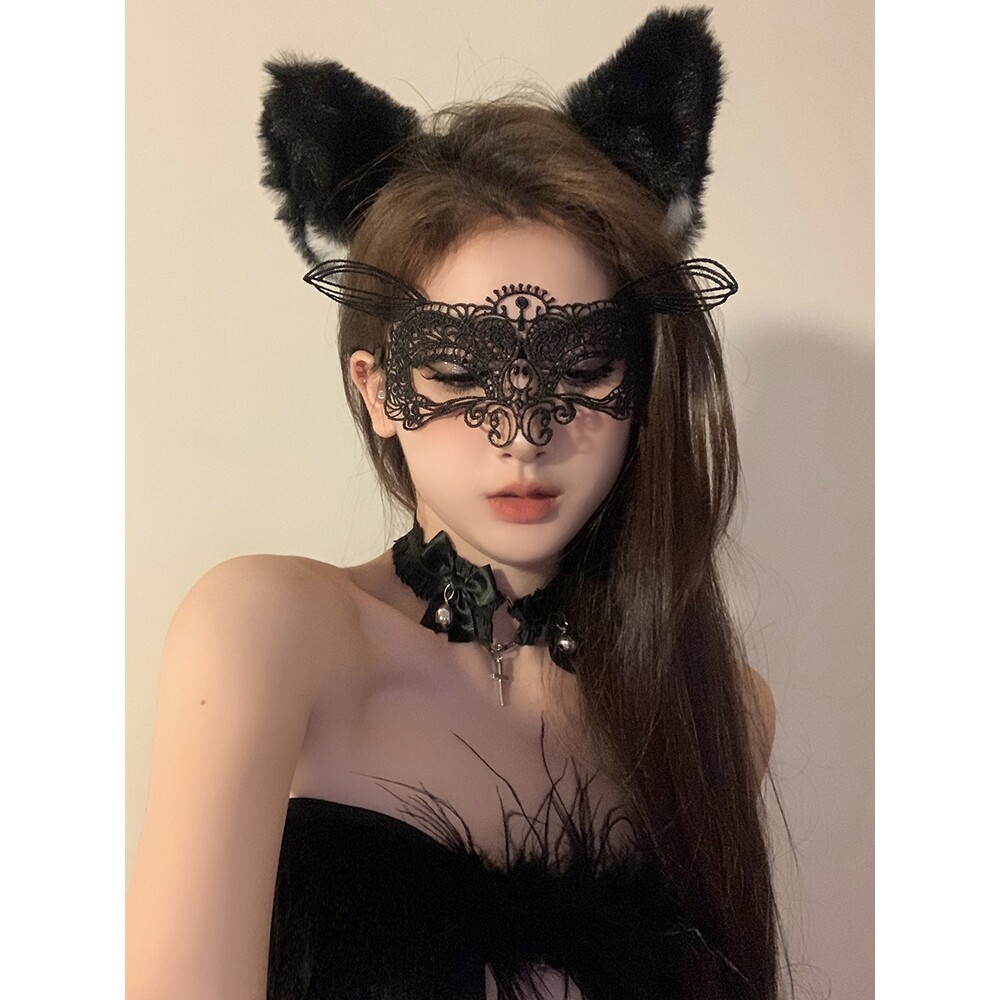 黑色蕾丝性感猫耳朵发箍禁欲系眼罩遮脸网纱面具头饰发饰女配饰