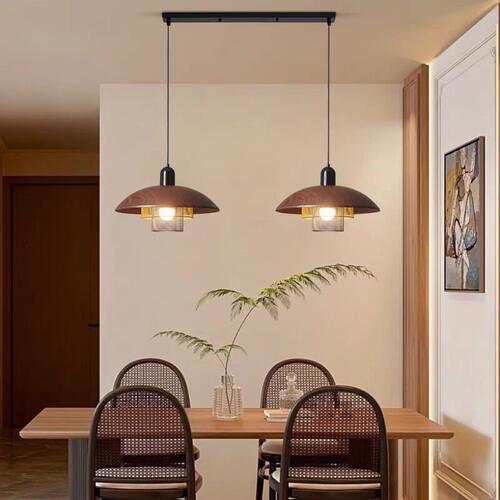 复古胡桃木纹创意吊灯餐厅灯侘寂风中古餐桌吧台饭厅护眼吊线灯