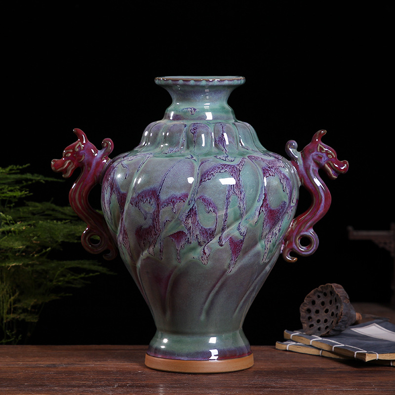 钧瓷腰缠万贯双龙尊家居客厅瓷器工艺品礼品陶瓷摆件