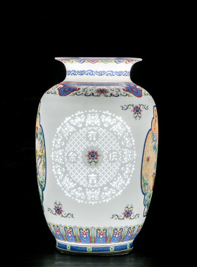 青花粉彩玲珑花瓶 景德镇仿古中式陶瓷摆件 瓷器客厅家居工艺品