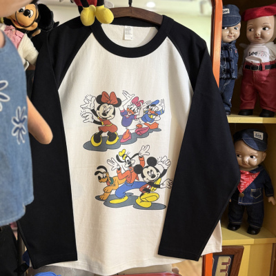 美式复古卡通米老鼠插肩长袖T恤