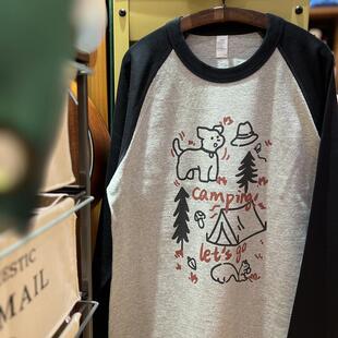 麻灰插肩拼色重磅纯棉长袖 和狗狗一起去露营 T恤 复古vintage 美式