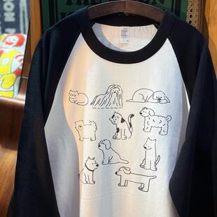 插肩黑白拼色重磅纯棉长袖 可爱小动物们 T恤情侣 复古vintage 美式
