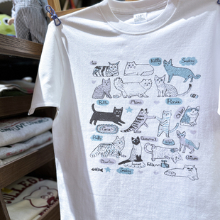 美式复古vintage 趣味猫咪插画 小领口宽松休闲纯棉男女款短袖T