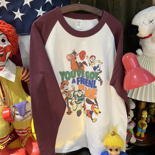 美式复古vintage 玩具总动员胡迪翠丝 插肩拼色重磅纯棉长袖T恤