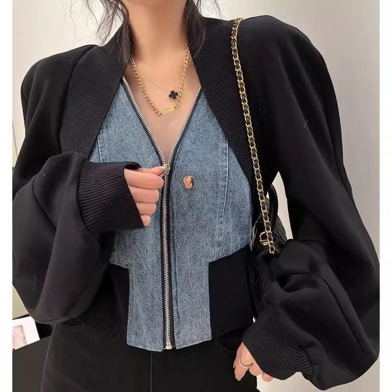 设计感小众黑色牛仔拼接长袖短款外套女装秋小心机假两件开衫上衣