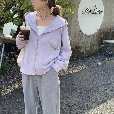 多巴胺秋季新款浅紫色开衫连帽卫衣女韩版宽松休闲学院风短款外套