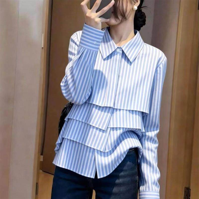 法式蓝色条纹长袖职业衬衫女2026春季新款高级感不规则荷叶边上衣