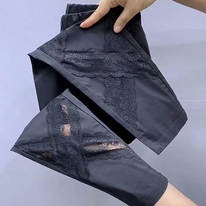 蕾丝拼接黑色女裤夏季薄款2025新款高腰显瘦百搭休闲九分铅笔裤子