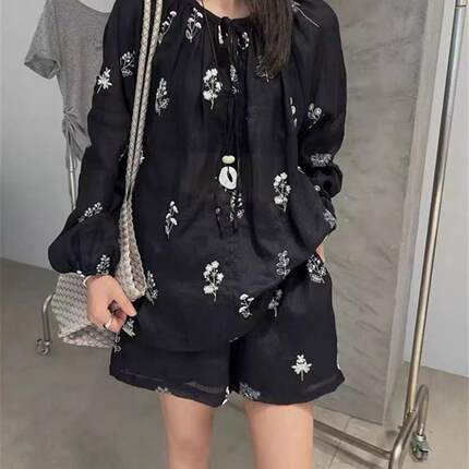 大码女装刺绣防晒衬衫短裤两件套夏季新款微胖mm显瘦搭配一整套装