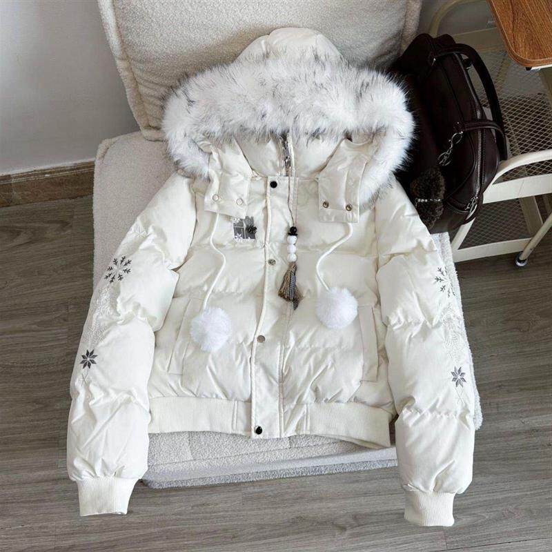 白色雪花刺绣棉服2026冬季新款韩系显瘦加绒保暖棉衣棉袄宽松外套