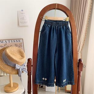 2025春夏新款儿童洋气牛仔裤女童花边阔腿裤宝宝法式柔软森系裤子