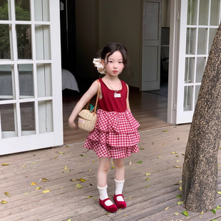 新款 女童红格子连衣裙2025夏季 儿童韩系甜美格子背心蛋糕裙