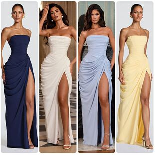 纯色抹胸开衩长款连衣裙 Solid color strapless slit long dress