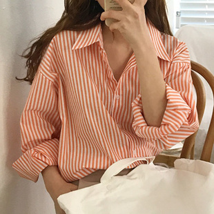 Casual Loose Lazy Lapel Stripe Long Sleeve Blouse Women衬衫