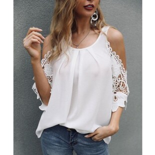 Round neck blouse casual loose white shirt吊带镂空衬衫