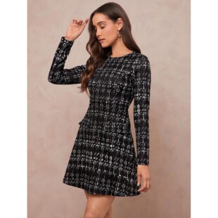 Round neck printed waist cinching dress 圆领印花收腰连衣裙女