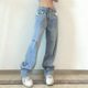 girl waist拖地直筒裤 personality jeans Hot high ripped women