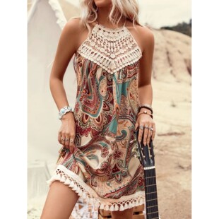 patchwork 挂脖印花拼接连衣裙 dress lace printed Hanging neck