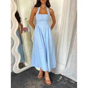 hanging 纯色挂脖吊带连衣裙女Solid neck suspender dress color