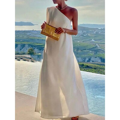 Solid color slanted shoulder jumpsuit long skirt纯色连衣长裙