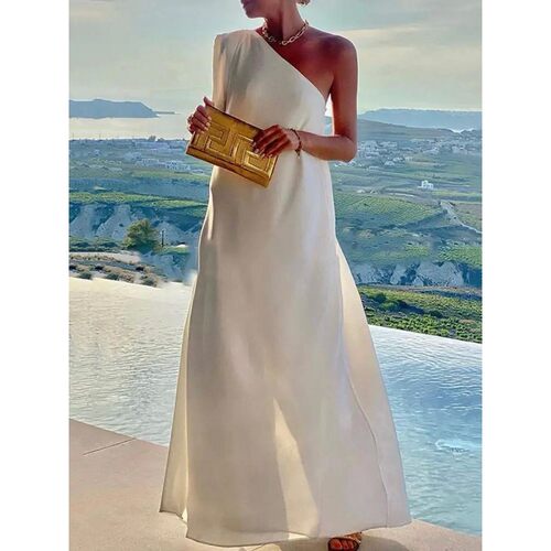 Solid color slanted shoulder jumpsuit long skirt纯色连衣长裙