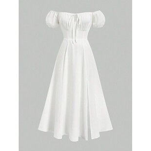 slit sleeve 一字肩长裙女Bubble skirt shoulder long one 泡泡袖