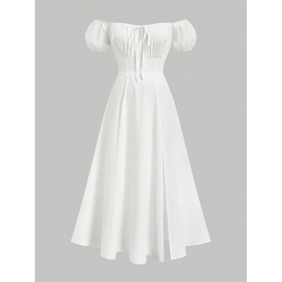 欧美泡泡袖一字肩长款连衣裙