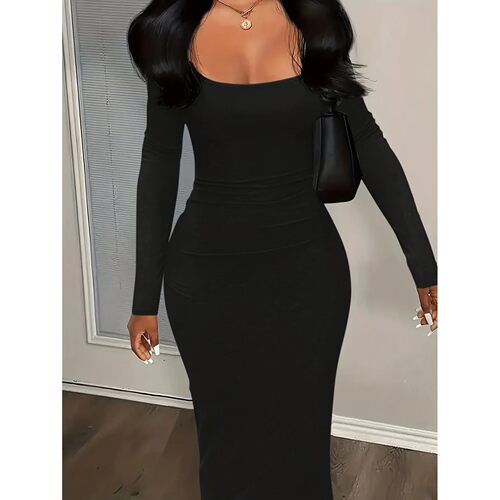 纯色方领收腰紧身连衣裙