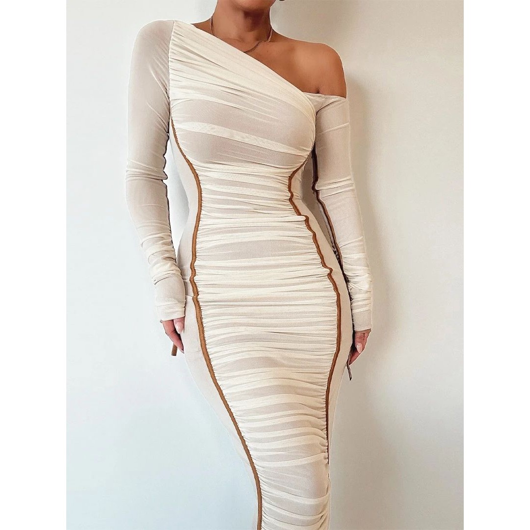 Mesh splicing diagonal shoulder dress 女士网纱拼接斜肩连衣裙