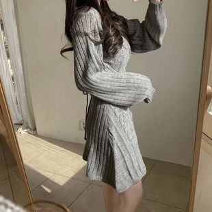 V-neck Fried Dough Twists A-line dressV领麻花纹A字型连衣裙女