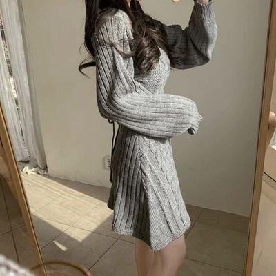 V-neck Fried Dough Twists A-line dressV领麻花纹A字型连衣裙女