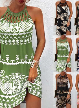 Hollow-out neck hanging print dress 镂空无袖挂脖印花连衣裙女