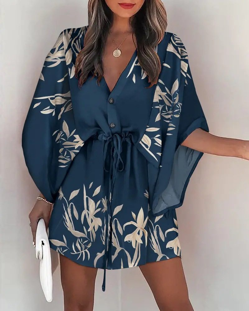 V-neck lace up printed A-line dress 女士V领系带印花A字连衣裙