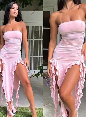 抹胸不规则花边连衣裙Solidcolo strapless irregular lace dress