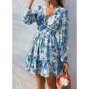 neck printed slimming V领印花长袖 sleeved long dress 连衣裙