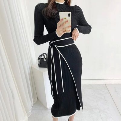 Half high neck mid length strap dress 半高领中长款绑带连衣裙