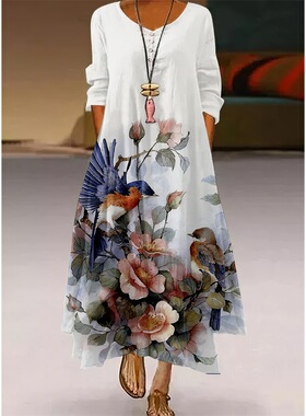 printed long sleeve large swing dress 女士印花长袖大摆连衣裙