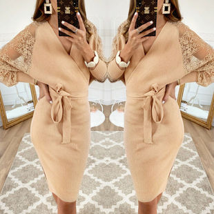 Sexy Khaki Sweater Dress Long Sleeve Vintage Club Dress女裙