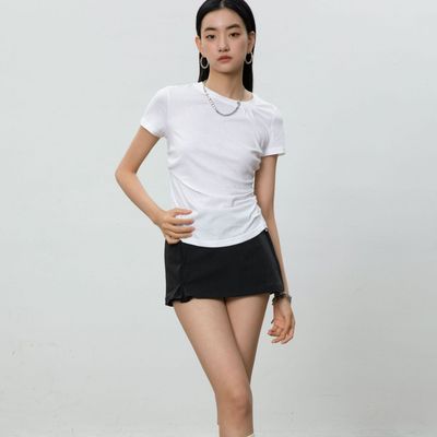 JOHNNYWU 微透斜领皱白色上衣T恤