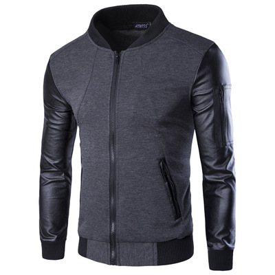 Fall stand-up collar jacket leather sleeve stitching men's