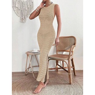 Solid color hollowed out beach skirt women纯色镂空无袖沙滩裙