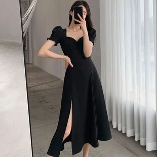 女士泡泡袖纯色开叉长裙Bubble Sleeves Solid Color Split Skirt