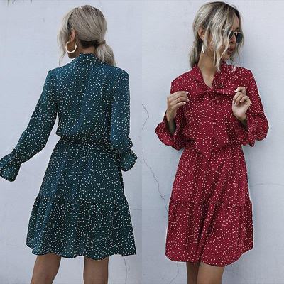 2021 Polka Dot Collar Flare Long Sleeve ShortDress短款连衣裙